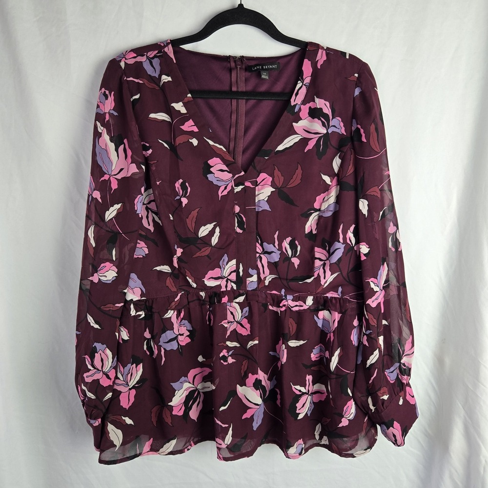 Lane Bryant Purple Floral Peplum Blouse 14 Sheer Sleeves Fairy Whimsigoth Career